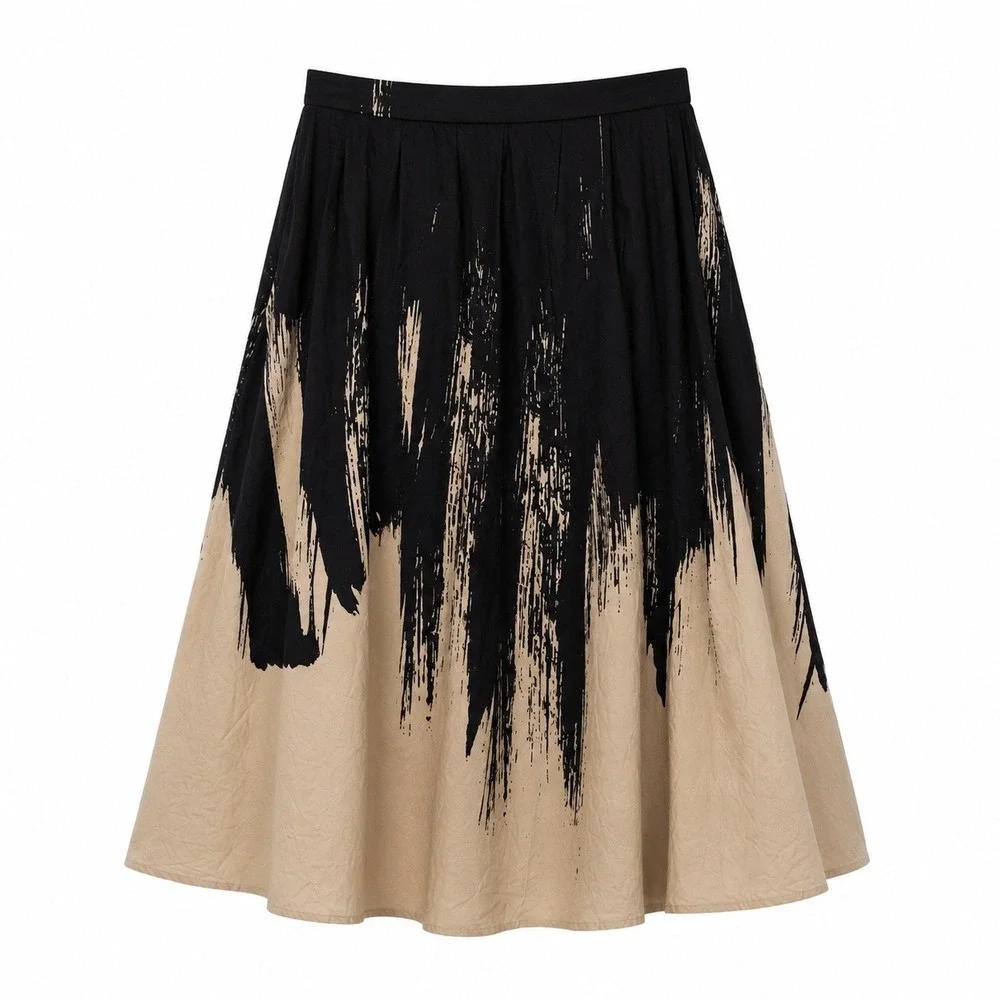 Eva Franco Black & Tan Paint-Brush Midi Skirt - Picture 2 of 8
